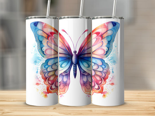 Three tumblers with colorful watercolor butterfly designs.