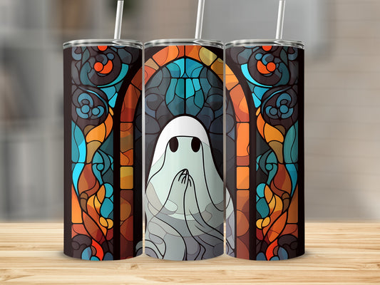 Ghost in stained glass window pattern on three tumblers.