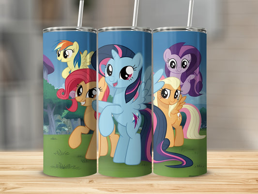 My Little Pony characters Twilight Sparkle, Fluttershy, and Applejack on a blue tumbler.