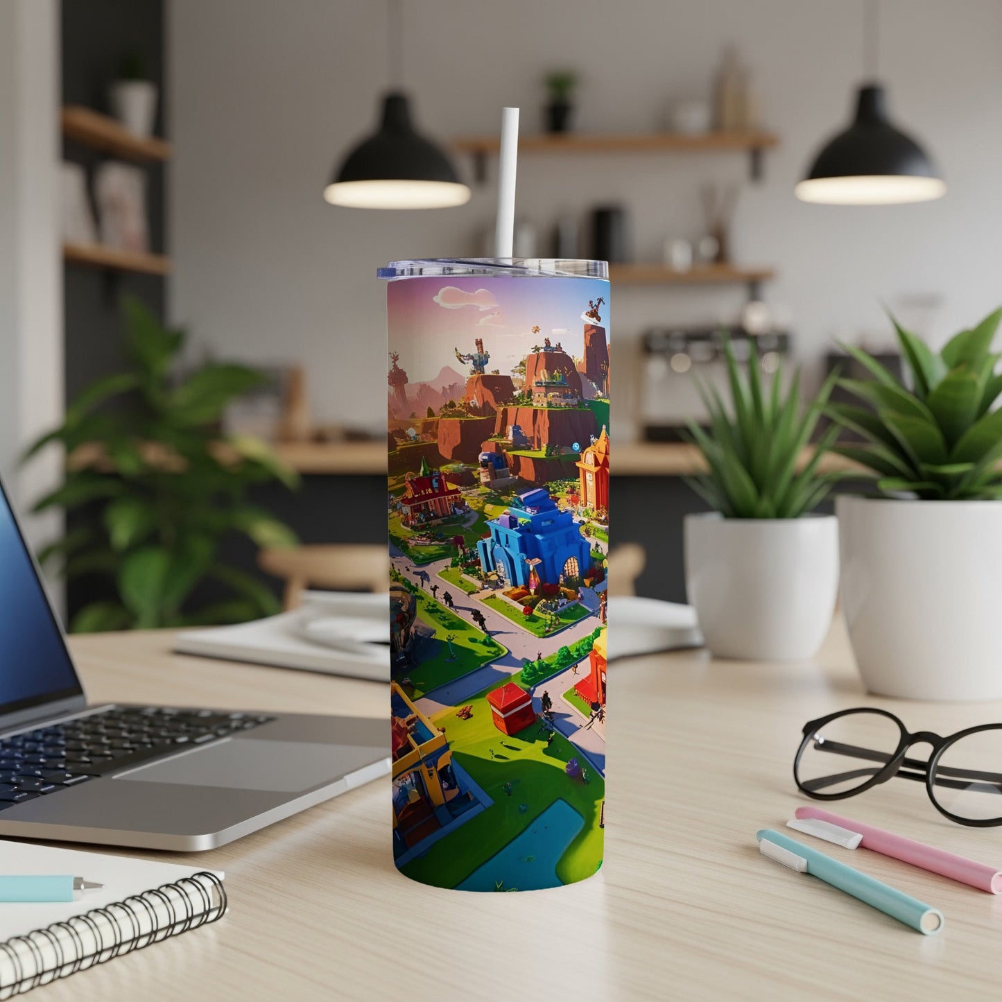 Tumbler with colorful cartoon village scene, sitting on a desk.