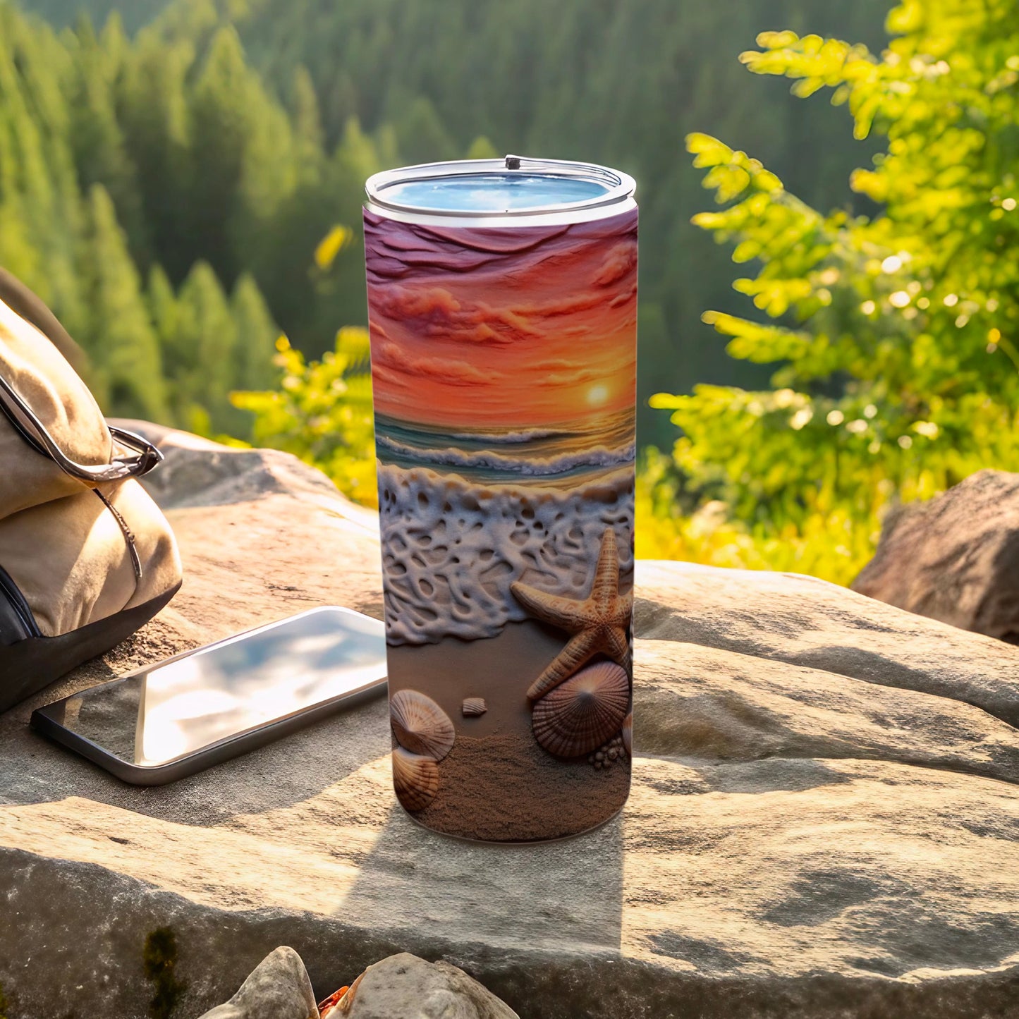Beach sunset scene on a stainless steel tumbler with seashells and starfish.