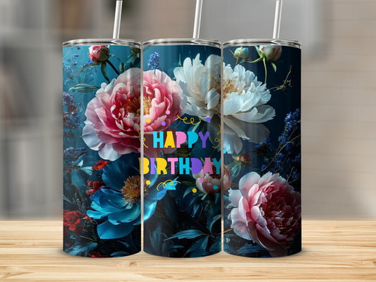 Three tumblers with floral designs and "Happy Birthday" text.