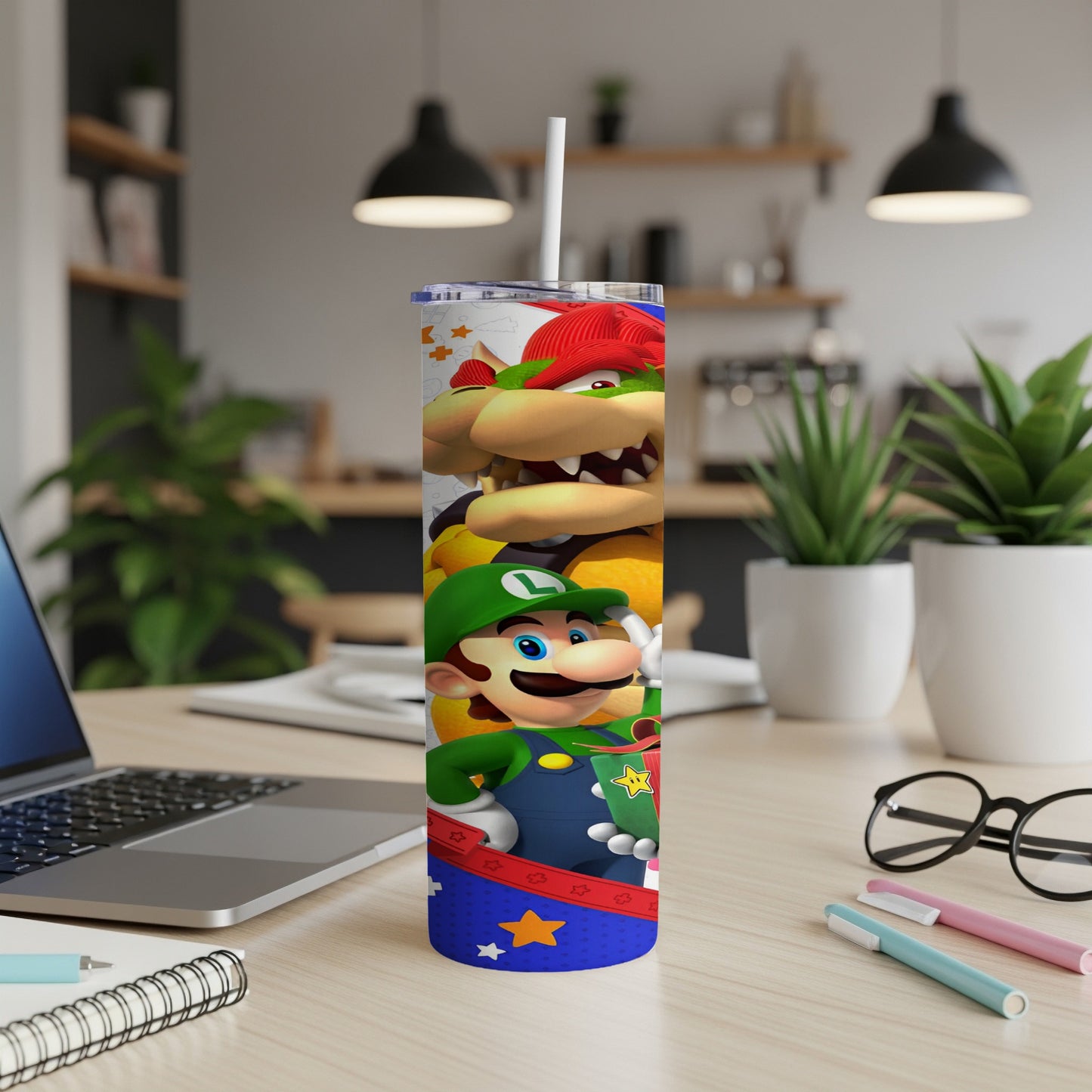 Mario and Luigi characters on a blue tumbler with red and white stars.