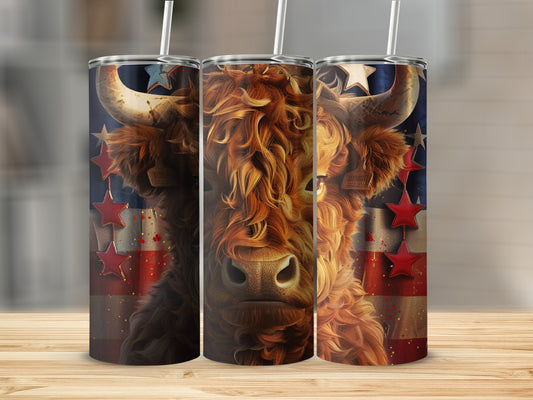 Highland cow with American flag design on insulated tumblers.