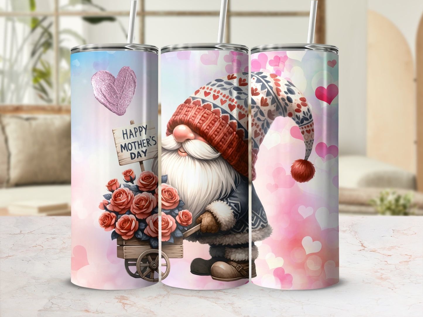 Happy Mother's Day Gnome Tumbler with Rose Flowers