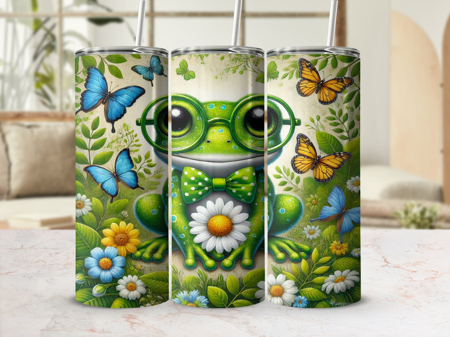Adorable Frog With Butterflies and Flowers Tumbler
