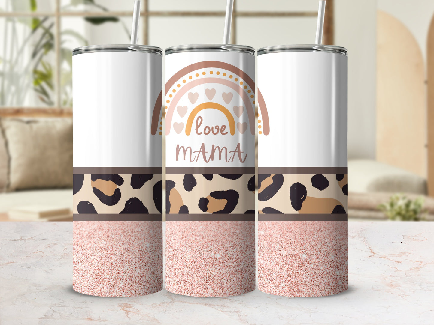 Cute Love Mama Rainbow and Leopard Print Tumbler Cup