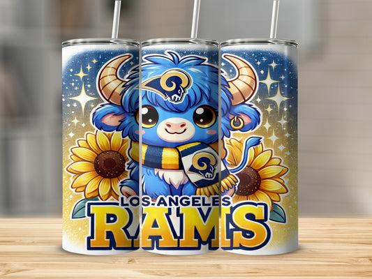 Cute blue bull mascot with Los Angeles Rams logo and sunflowers.