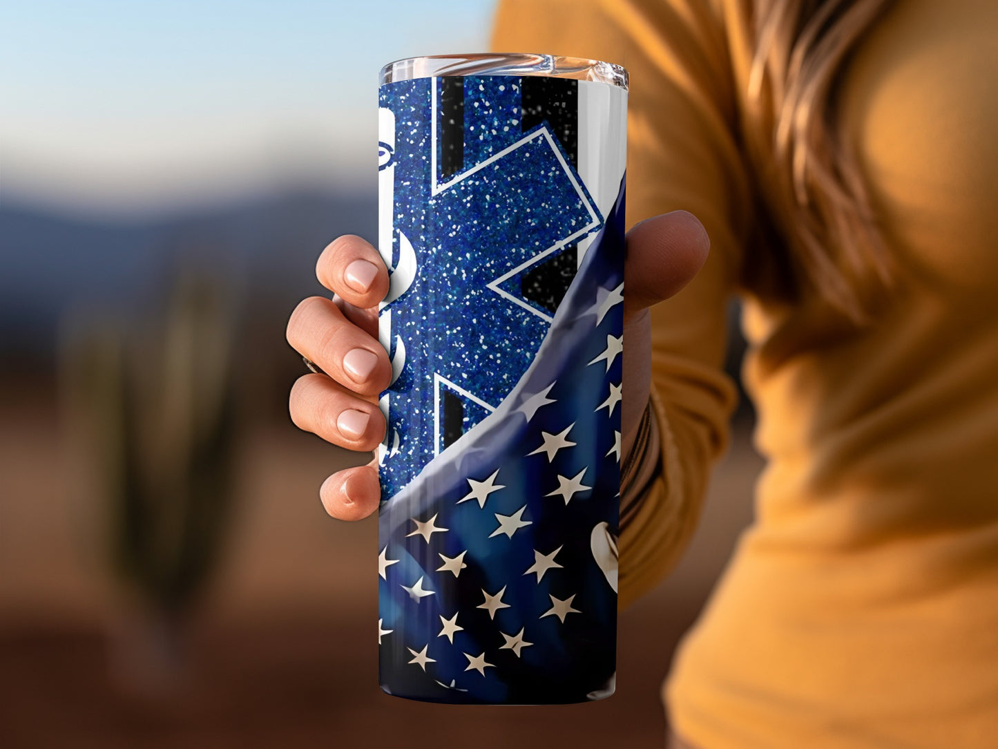 Blue Star Glitter Design Tumbler with White Stars