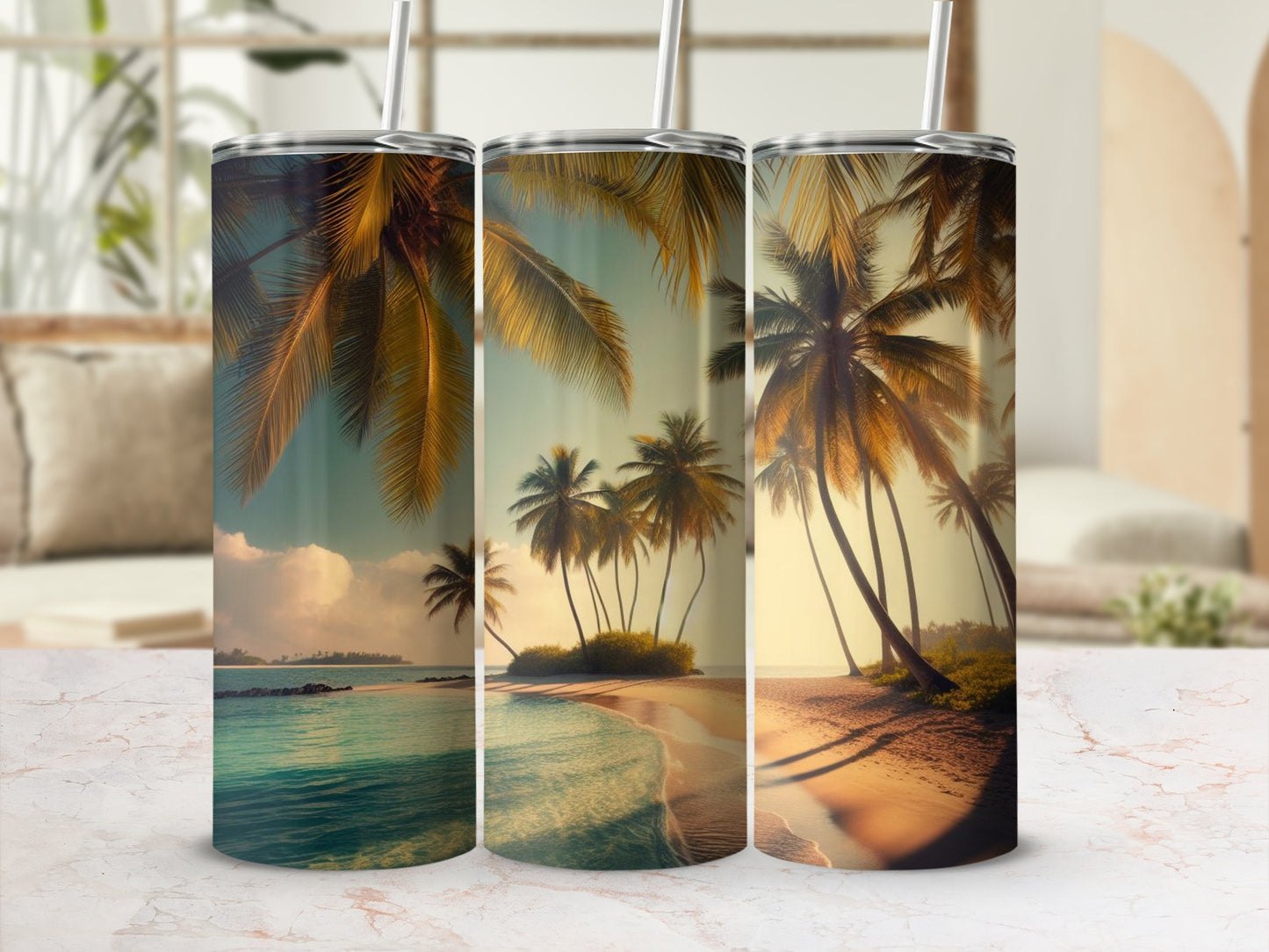 Tropical Palm Trees Beach Scene Tumbler Set