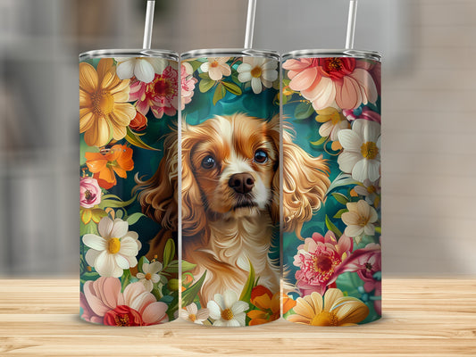 Dog portrait surrounded by colorful flowers on three tumblers.