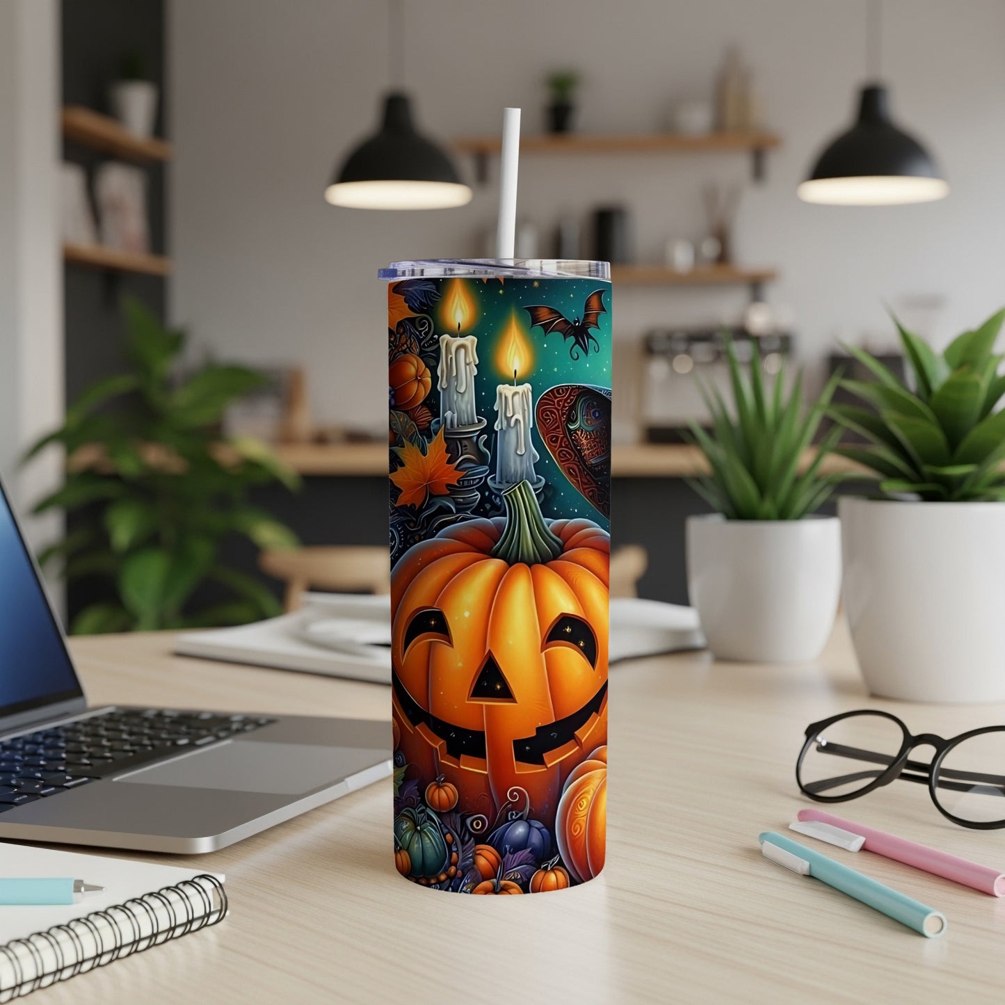 Halloween tumbler with a jack-o'-lantern, candles, and bats design.