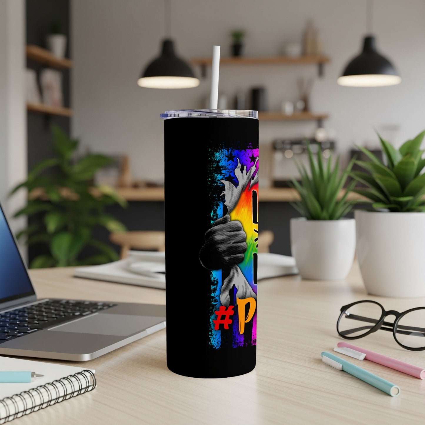 Black tumbler with rainbow Pride flag pattern and "#Pride" text.