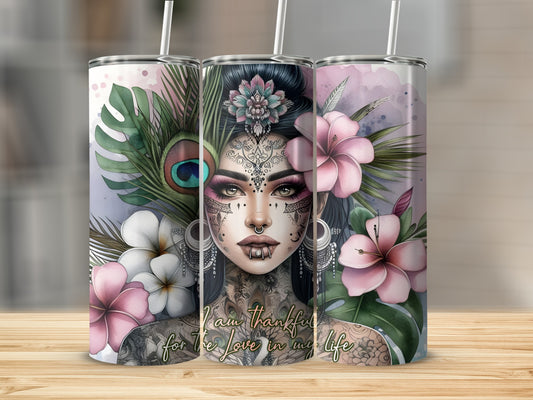 Tattooed woman with flowers and peacock feather, "I am thankful for the love in my life."