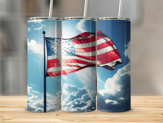 American flag on a tumbler against a sky background.