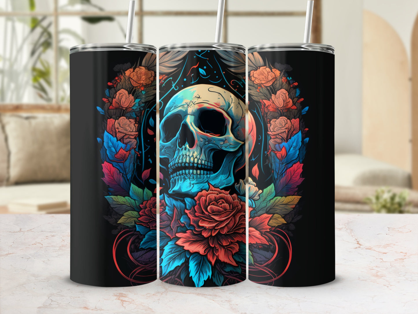 Colorful Skull with Roses Artistic Design Tumbler