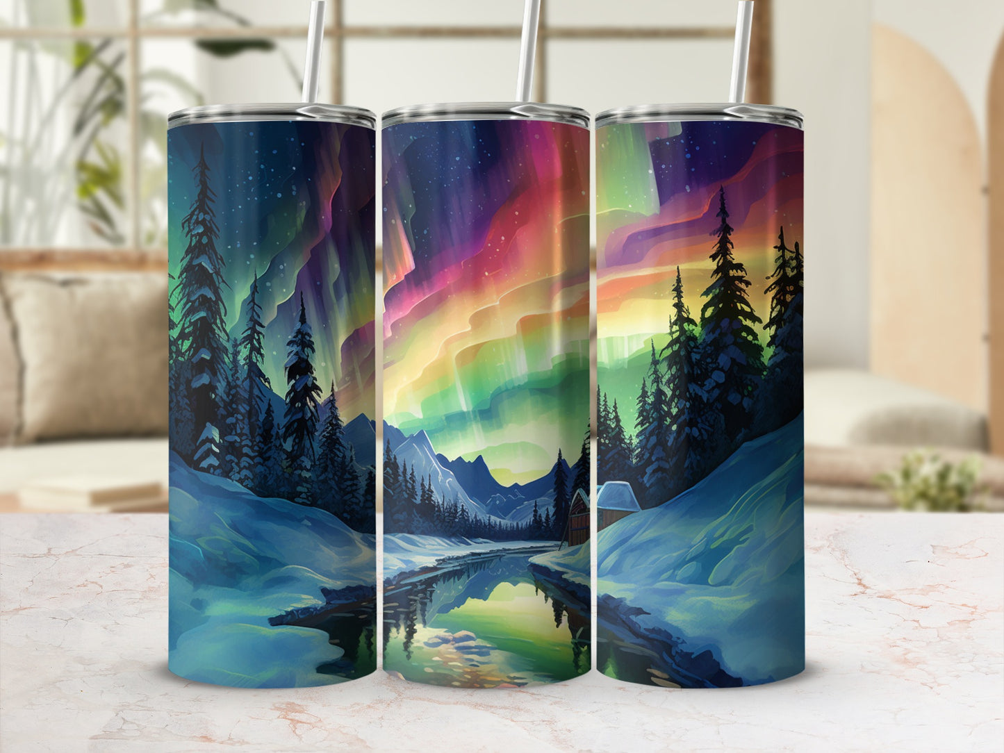 Northern Lights Winter Landscape Insulated Tumbler