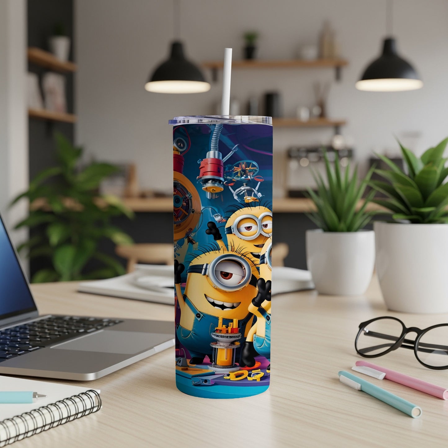 Minions Bob and Stuart with tools on a blue and purple tumbler.
