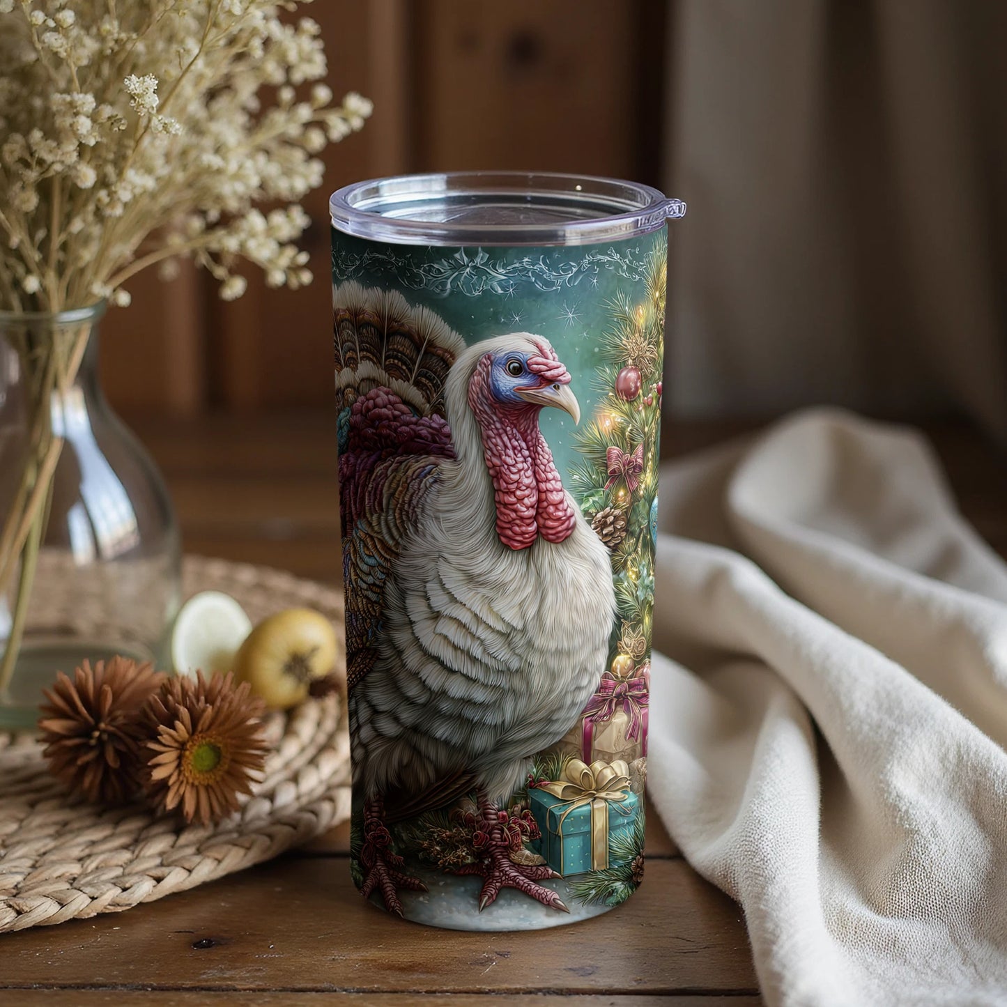 Festive Turkey Tumbler with Holiday Decorations
