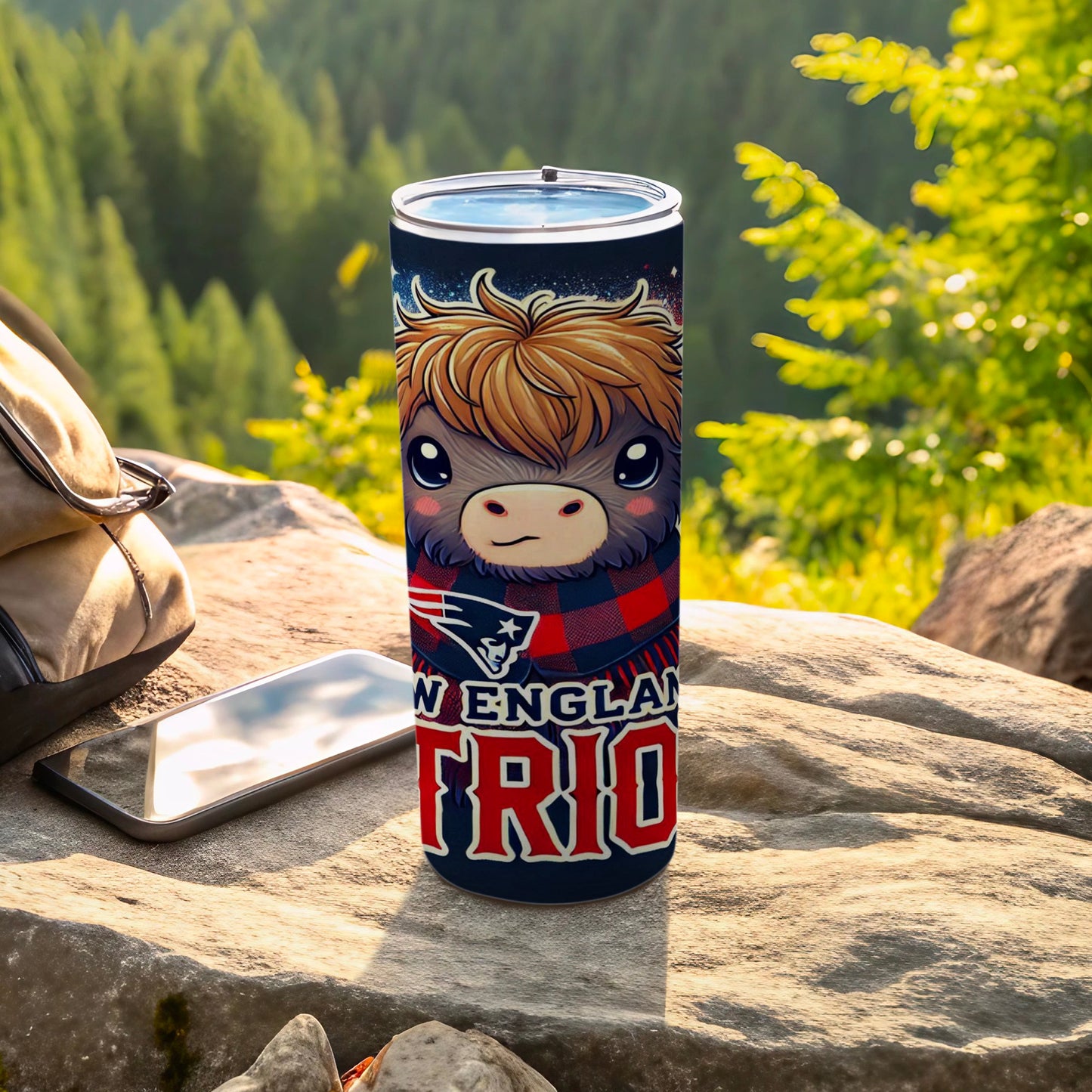 New England Patriots chibi mascot tumbler with plaid scarf.