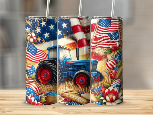 Blue tractor with American flags and patriotic decorations on a tumbler.