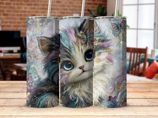 Adorable Colorful Kitten with Butterflies Tumbler