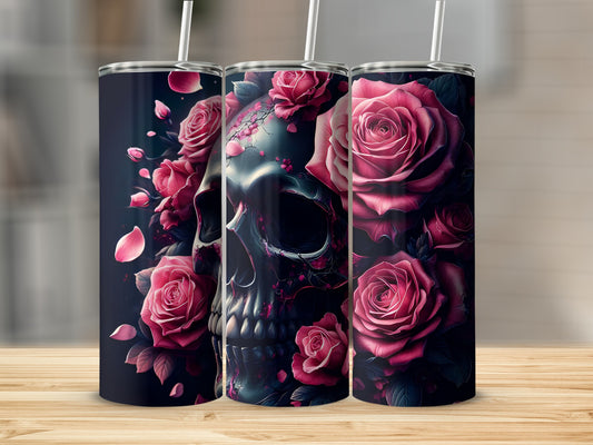 Tumbler with a dark floral skull design featuring pink roses.