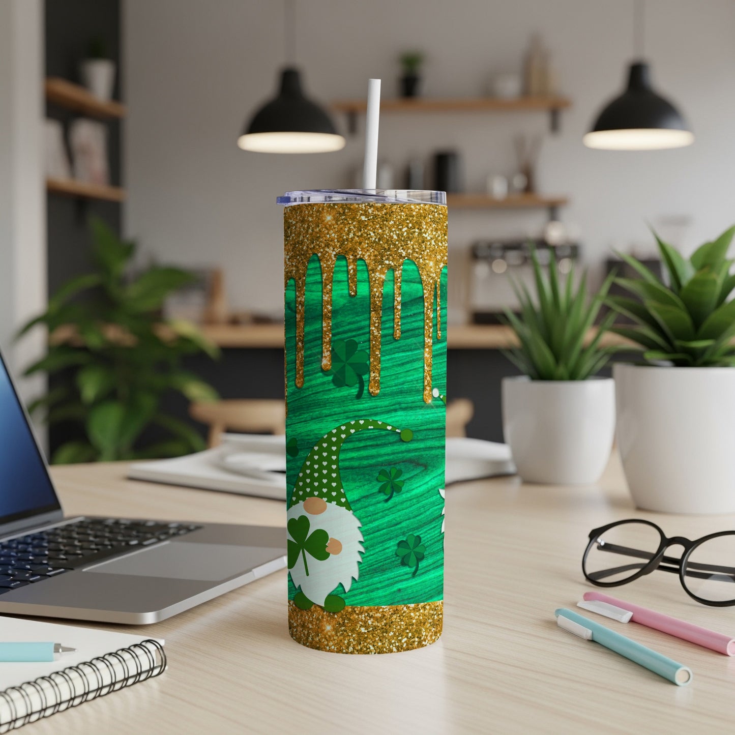 Green glitter tumbler with St. Patrick's Day gnome and shamrock design.