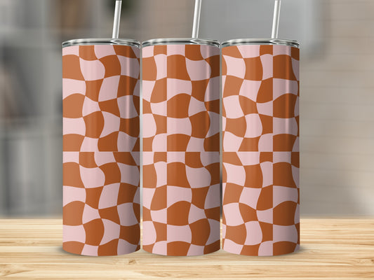 Three tumblers with a warped checkerboard pattern of pink and brown.