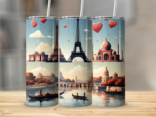 Tumbler design featuring iconic landmarks and gondola boats on water.