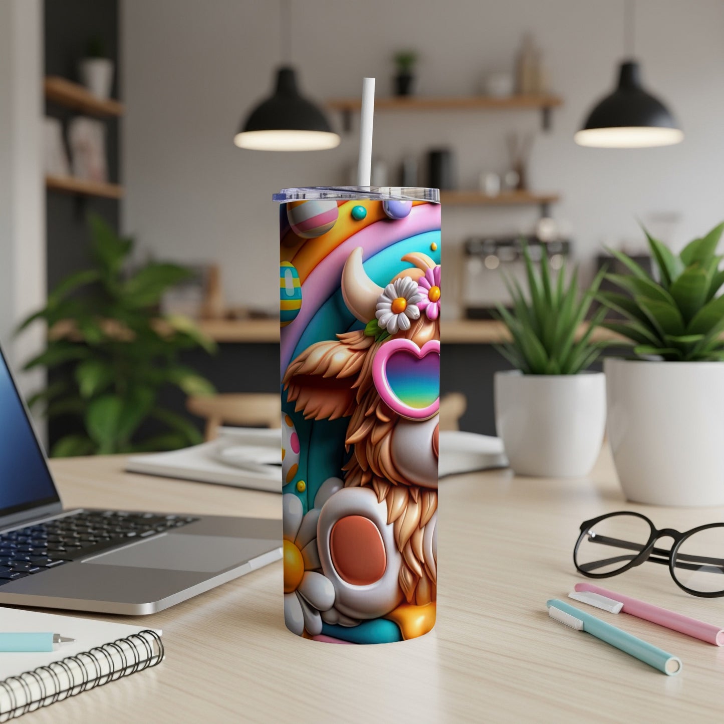 Colorful Highland cow tumbler with sunglasses on a desk with laptop.