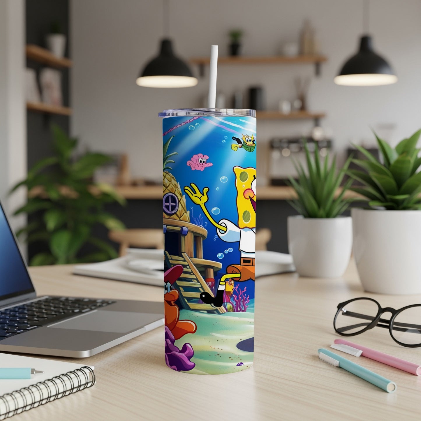 SpongeBob SquarePants on a tumbler with nautical elements.