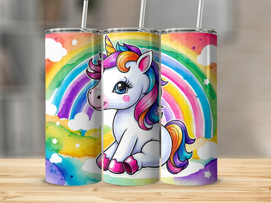Cartoon unicorn with rainbow and clouds on a tumbler.