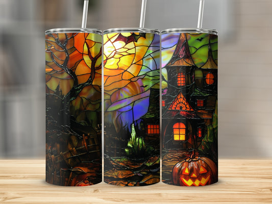 Stained glass tumbler design featuring a haunted house, pumpkin, and moon.