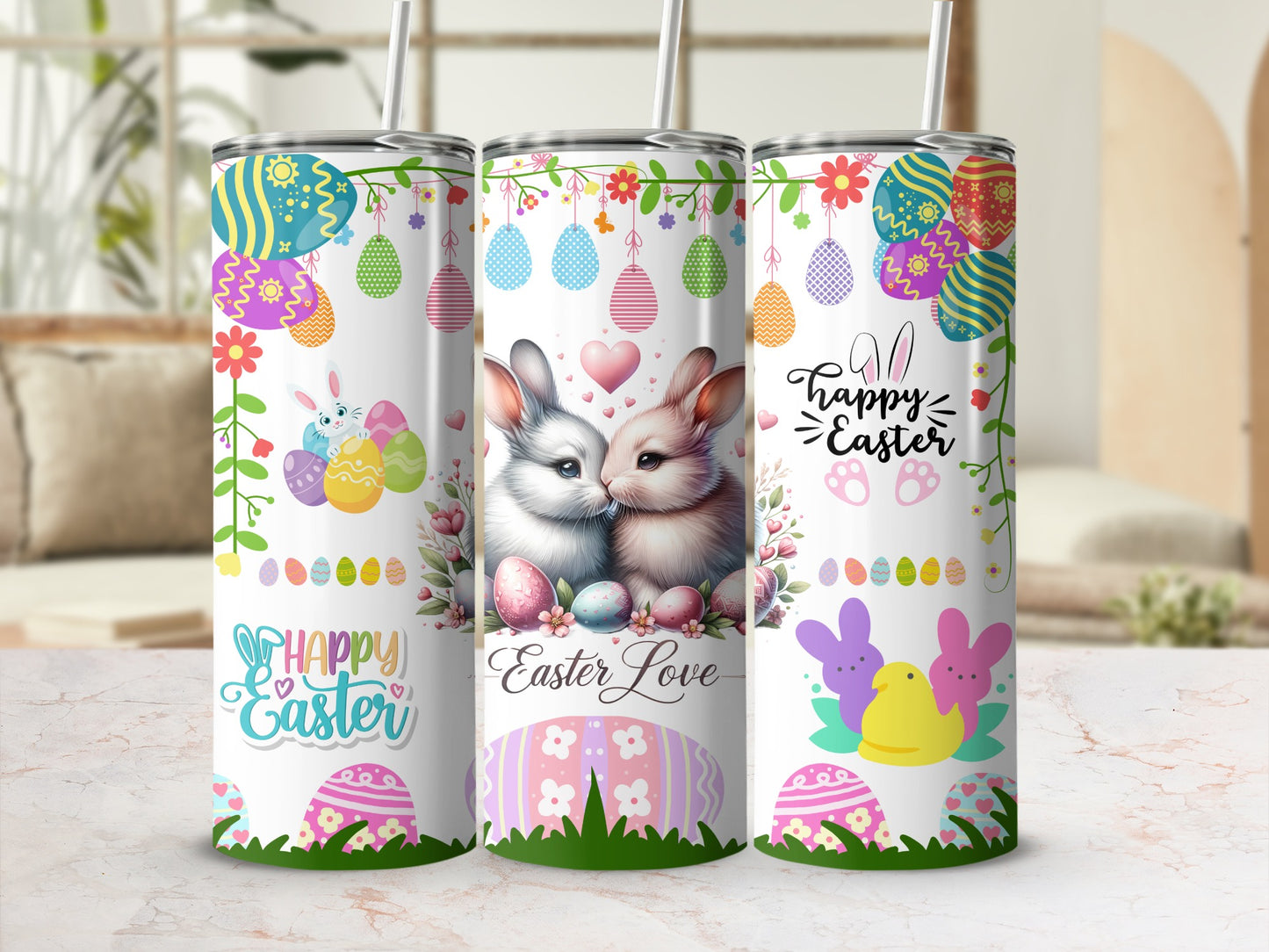Happy Easter Themed Tumblers with Cute Bunny Designs
