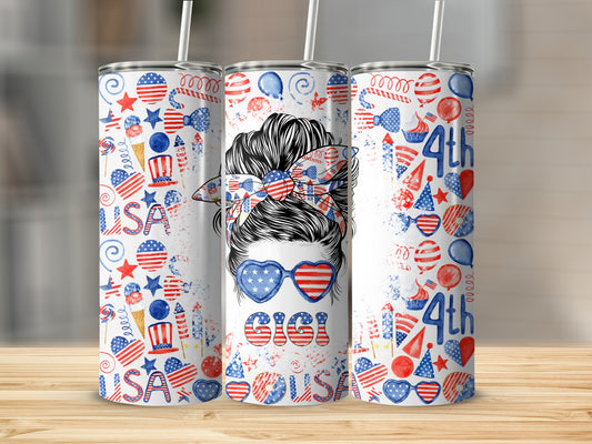Tumbler with patriotic USA theme, red, white, and blue fireworks, candy, and messy bun girl graphic.