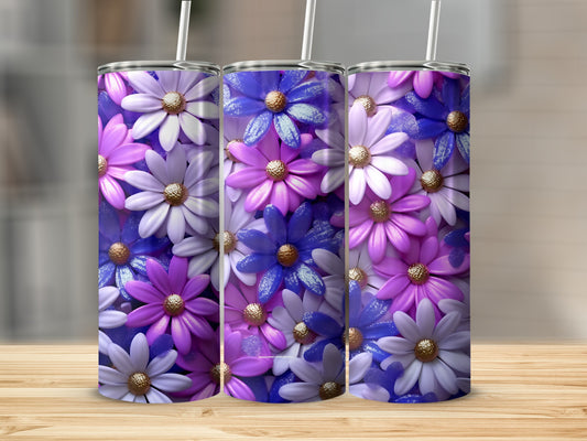 Three tumblers with purple, pink, and white floral patterns.