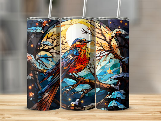 Stained glass bird on branch with moon and glowing lights.