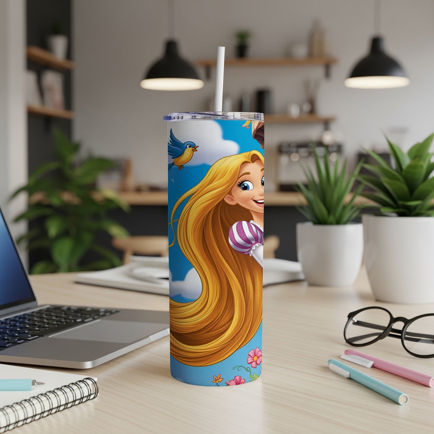 Rapunzel with long blonde hair and a bird on a white tumbler cup.