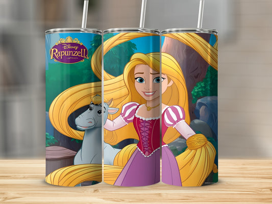 Rapunzel and Pascal from Disney's Tangled on a tumbler.