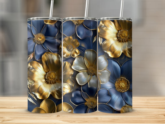 Three tumblers with a navy and gold floral pattern.