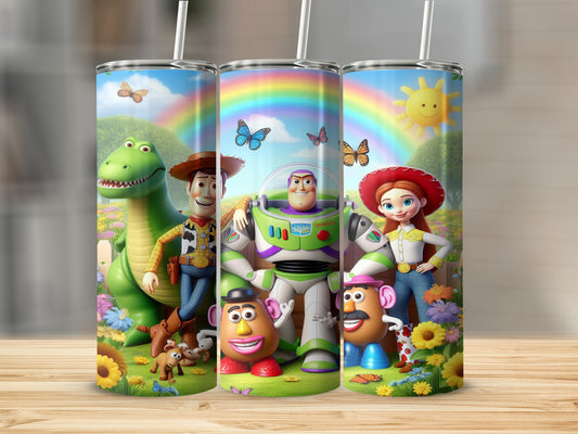 Woody, Buzz Lightyear, Jessie, and potato heads with rainbow background.