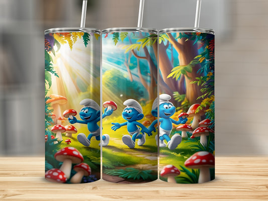 Three Smurfs walking through a forest with mushrooms, bathed in sunlight.
