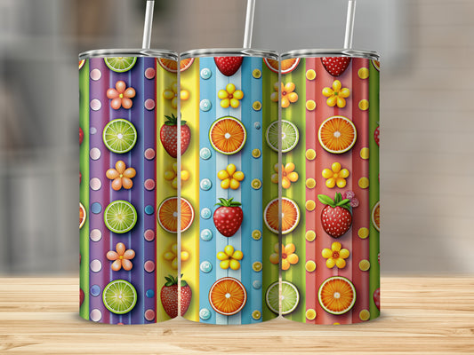 Colorful fruit pattern on three tumblers with striped backgrounds.