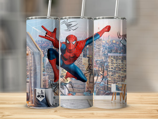 Vibrant Spider-Man Swinging Over Cityscape Mug