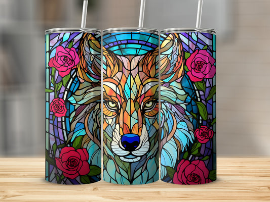 Three stained glass tumblers featuring a colorful wolf design with roses.