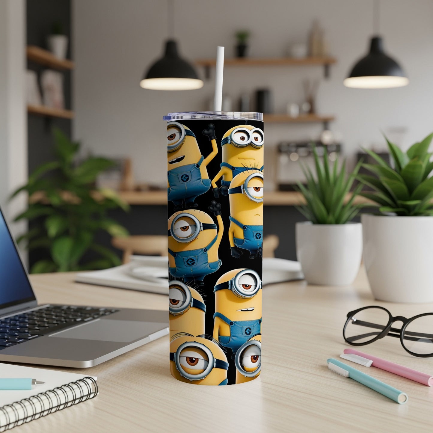 Tall tumbler with repeating Minion characters pattern.