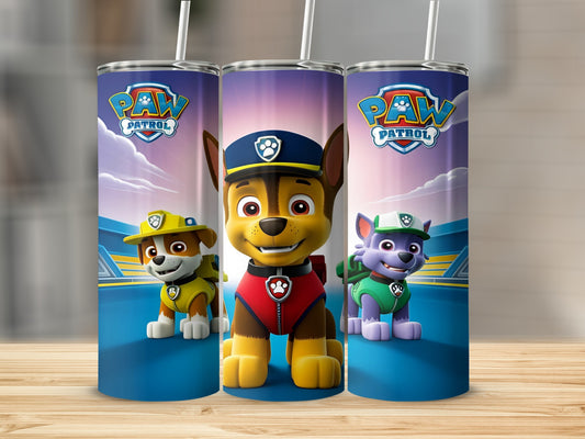 Paw Patrol Chase, Marshall, and Skye on a stadium background.