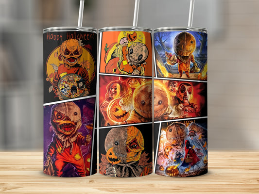 Comic panel collage of Sam from Trick 'r Treat on Halloween-themed tumblers.
