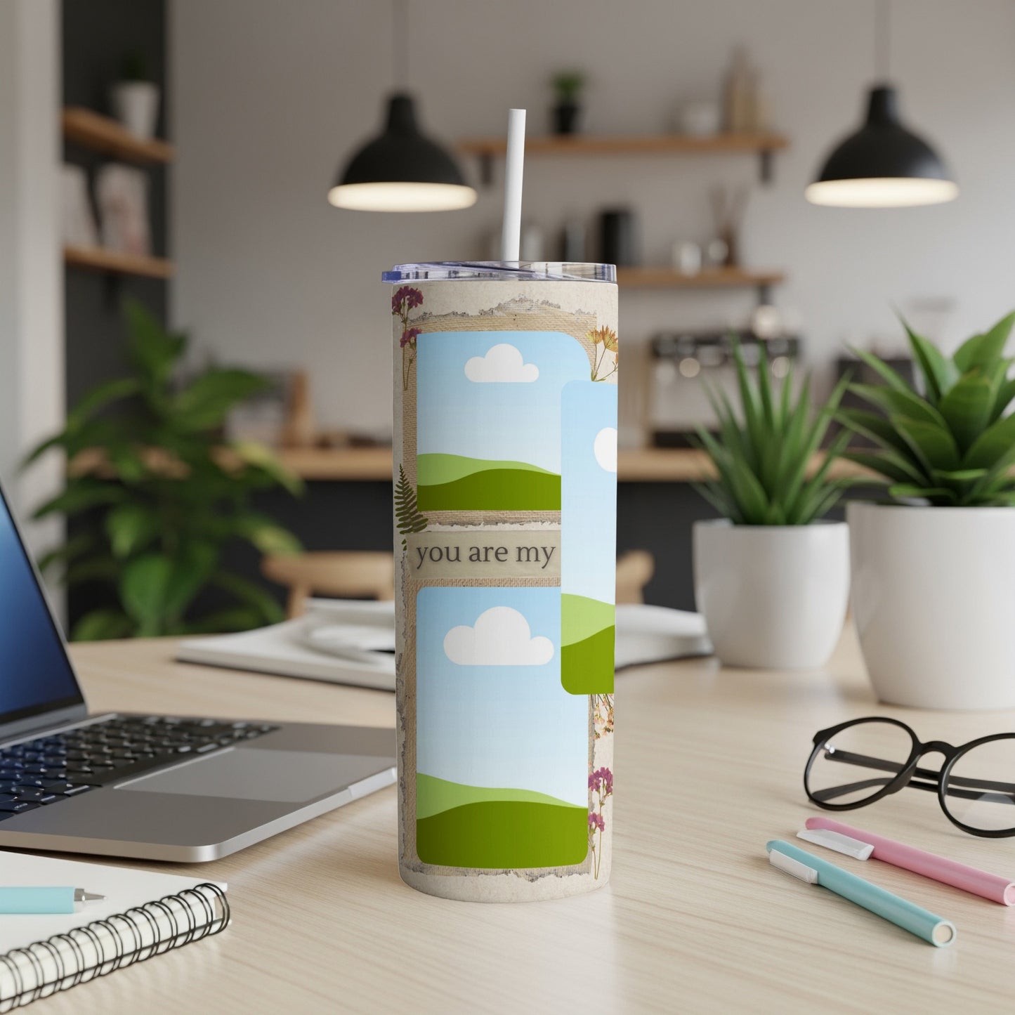 Tall tumbler with stacked landscape photo frames and "you are my" text.